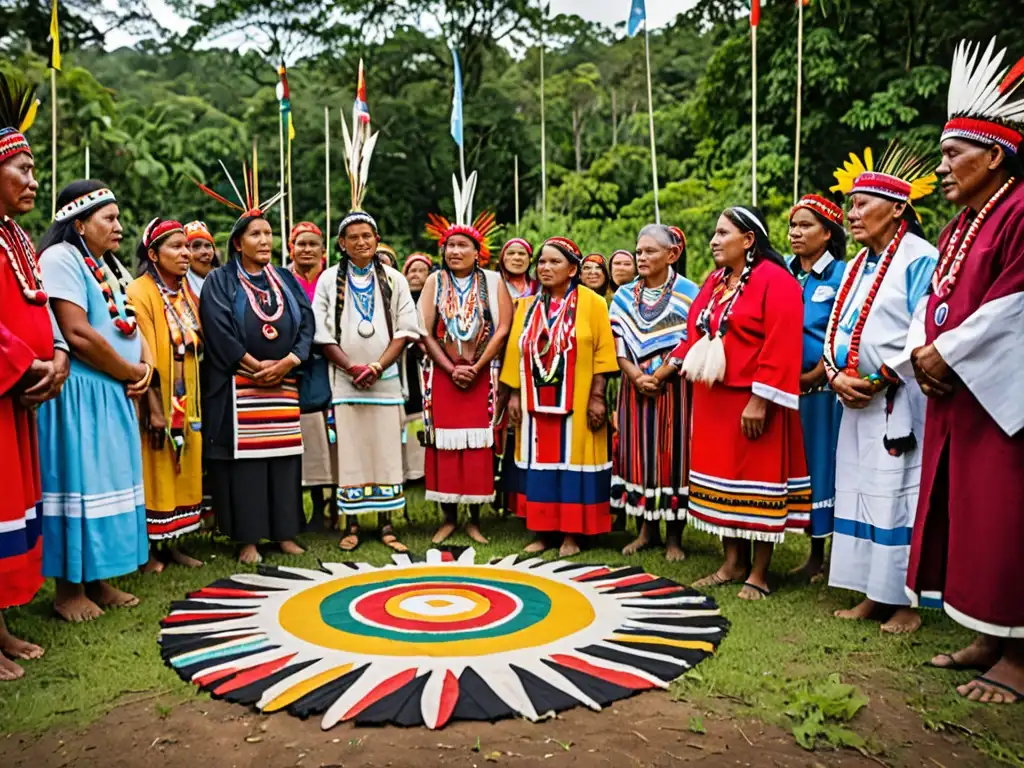 Grupo de líderes indígenas y miembros de la comunidad en ceremonia tradicional, mostrando el impacto de la Declaración de la ONU sobre los Derechos de los Pueblos Indígenas