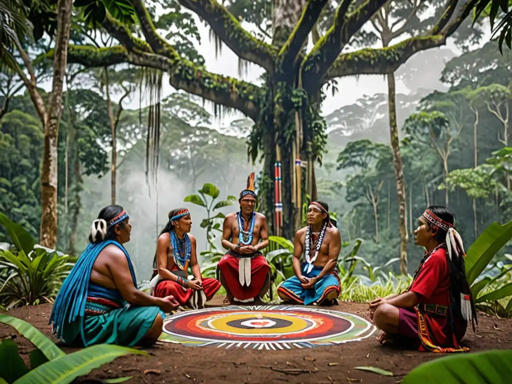 Un grupo de líderes indígenas en profunda discusión bajo un árbol antiguo en la selva amazónica