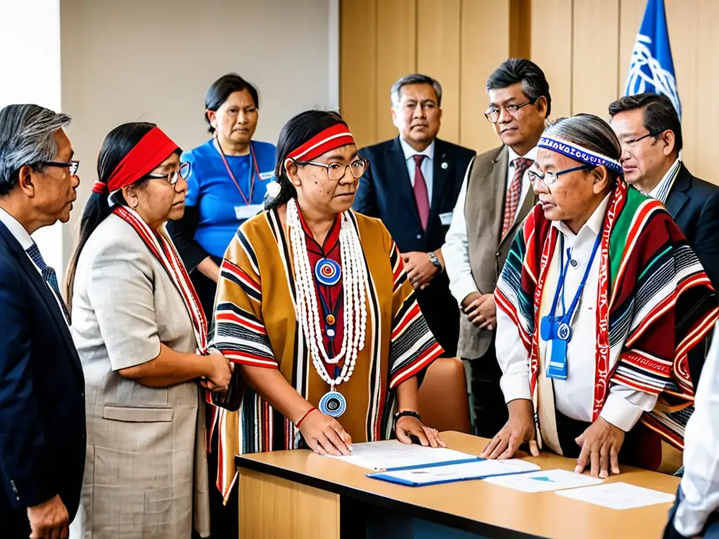 Grupo de líderes indígenas y representantes de la OIT en reunión por la protección de derechos territoriales indígenas