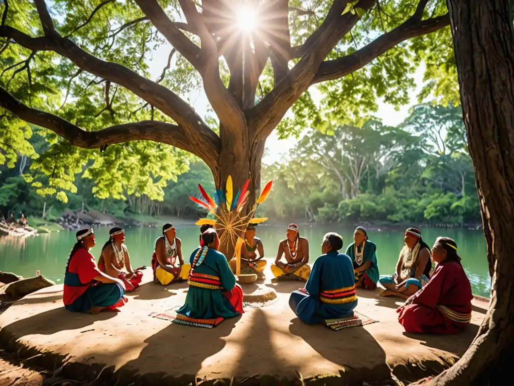 Grupo de líderes indígenas reunidos bajo un árbol, protegiendo derechos territoriales indígenas en un entorno de selva exuberante