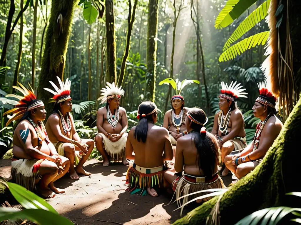 Grupo de líderes indígenas en conversación en la selva