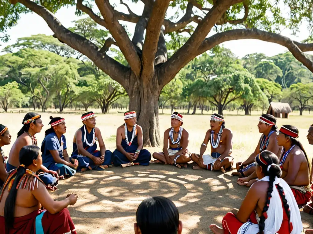 Líderes indígenas colaboran bajo árbol ancestral Un grupo de líderes tribales se reúne bajo un árbol, colaborando en la defensa de sus territorios ancestrales