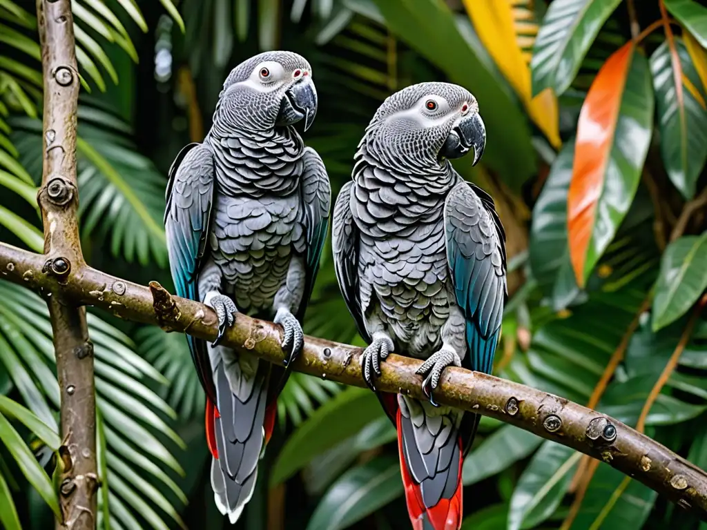 Un grupo de loros grises africanos posados en ramas en su hábitat natural de la selva lluviosa