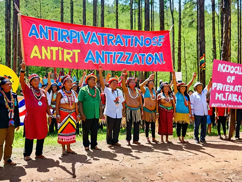 Grupo de manifestantes indígenas protestando contra la privatización de recursos naturales, unidos en una demostración pacífica en la selva