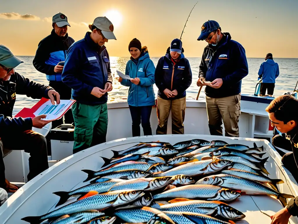 Grupo de biólogos marinos y activistas midiendo y documentando especies de peces capturados en zona de pesca sostenible al atardecer