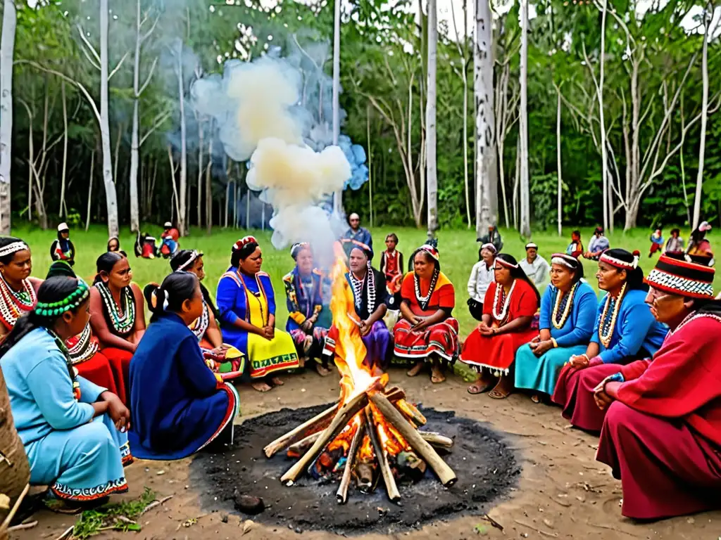 Grupo de miembros de la comunidad indígena en ceremonia tradicional de educación ambiental, conectados con la naturaleza y sus enseñanzas ancestrales