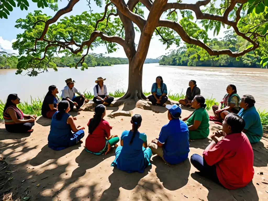 Grupo de miembros de comunidad indígena y expertos ambientales discuten bajo un árbol sobre gestión sostenible