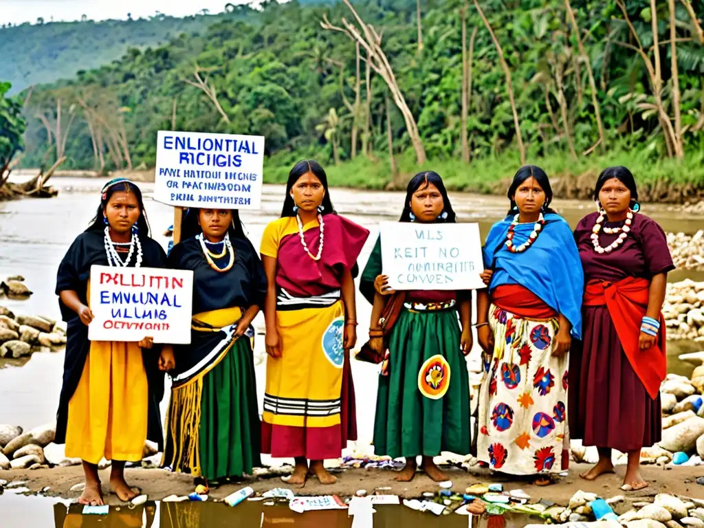 Grupo de mujeres indígenas con determinación, protestando por conflictos ambientales y derechos de las mujeres junto a un río contaminado