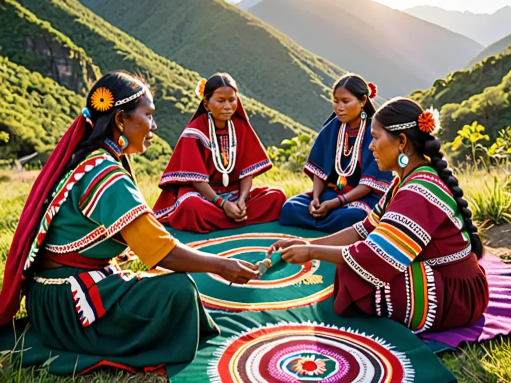 Un grupo de mujeres indígenas tejen con detalles coloridos en sus ropas tradicionales, rodeadas de montañas verdes al atardecer