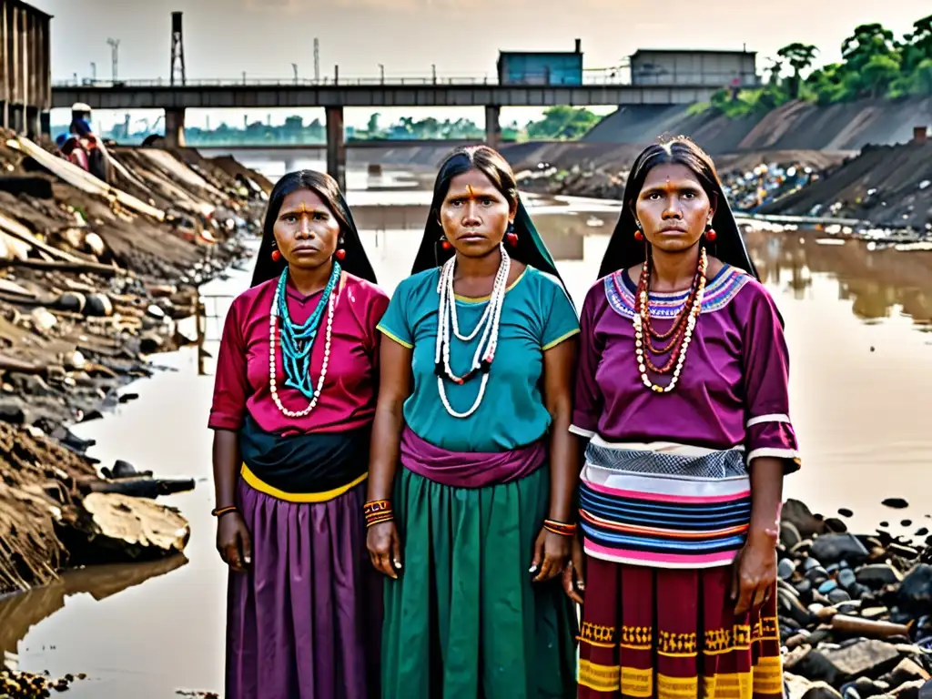 Grupo de mujeres indígenas frente a río contaminado, expresando preocupación y determinación en medio de conflictos ambientales derechos mujeres