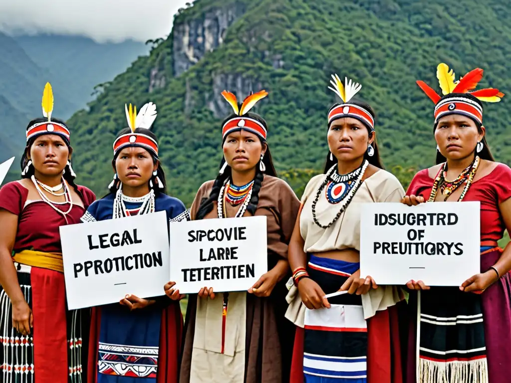 Grupo de mujeres indígenas con determinación, vestidas con atuendos tradicionales, abogando por la protección legal de sus territorios