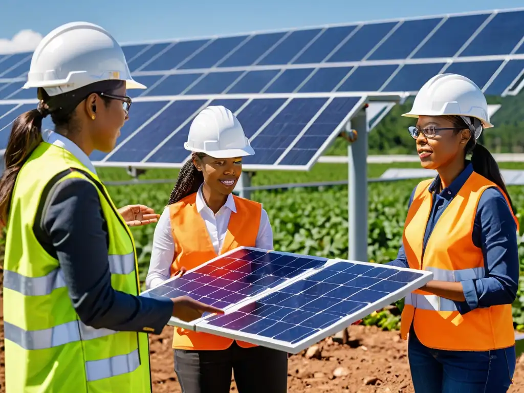 Un grupo de mujeres ingenieras y técnicas con cascos y equipo de seguridad, examinando una gran matriz de paneles solares