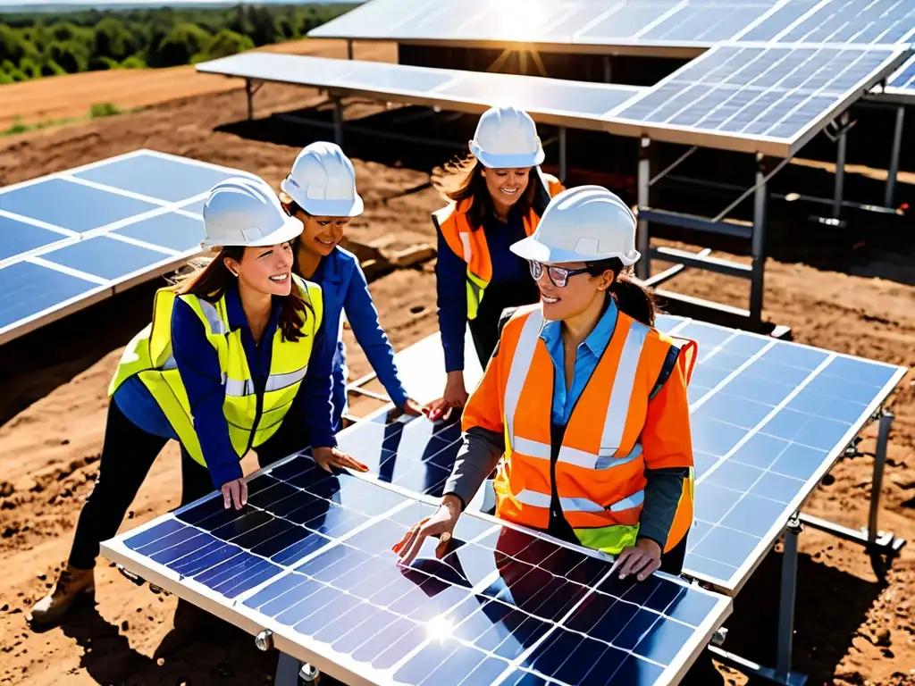 Un grupo de mujeres ingenieras y técnicas instalan paneles solares en un proyecto de energía renovable