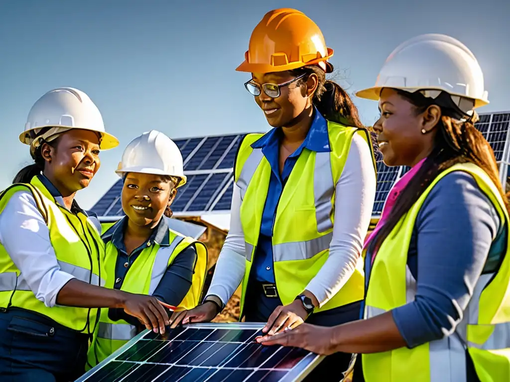 Un grupo de mujeres ingenieras y técnicas trabajan juntas en la instalación de paneles solares en una zona rural al atardecer, destacando su liderazgo en energía renovable y las políticas de igualdad de género en el sector