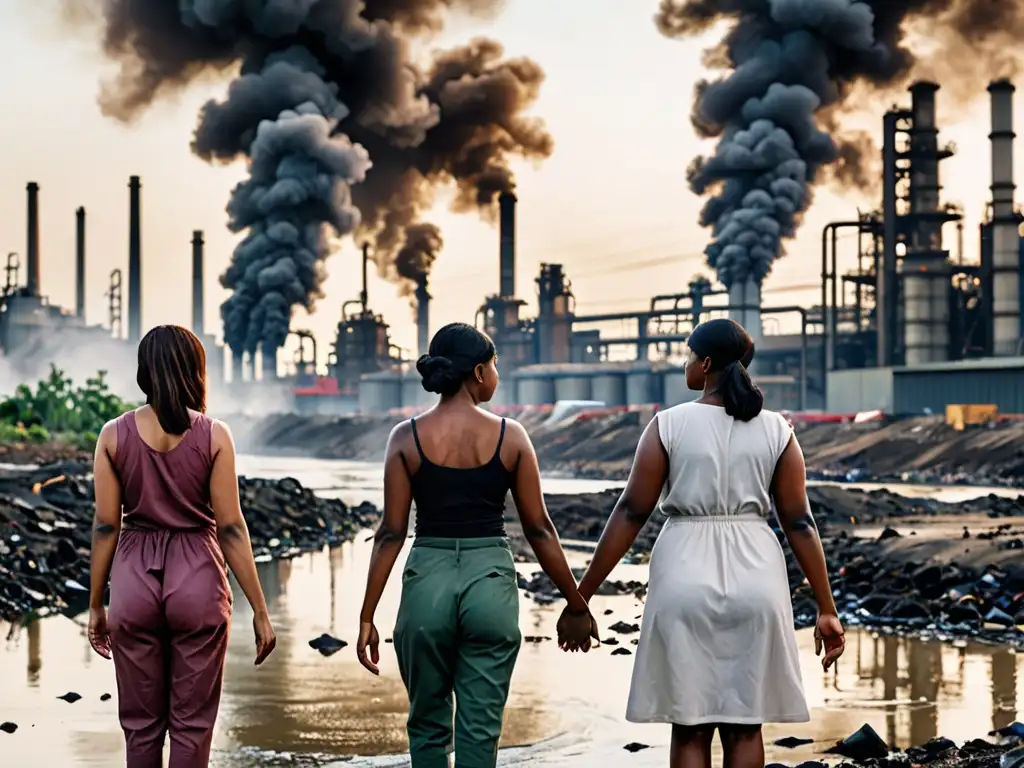 Un grupo de mujeres muestra determinación y resiliencia frente a conflictos ambientales, con fábricas emitiendo humo detrás de ellas