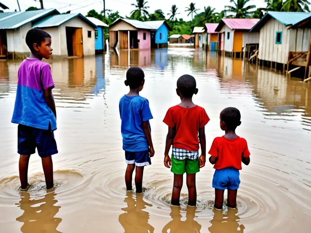 Grupo de niños en una aldea costera enfrentan el impacto del cambio climático con mirada de preocupación y esperanza