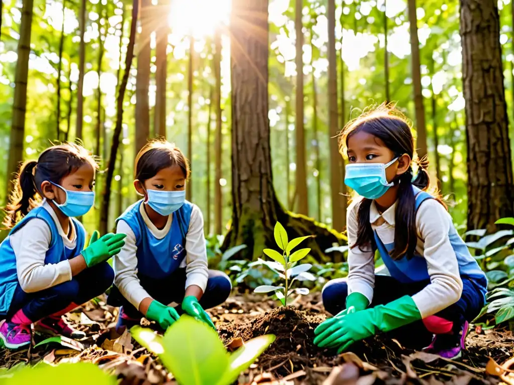 Grupo de niños plantando árboles en un bosque, transmitiendo esperanza y compromiso con los convenios internacionales de protección del medio ambiente