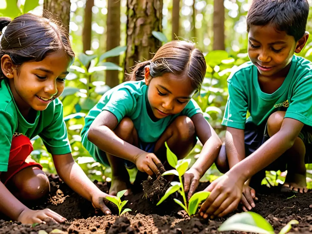 Grupo de niños plantando árboles en un bosque frondoso, transmitiendo esperanza y compromiso con la protección ambiental de la infancia