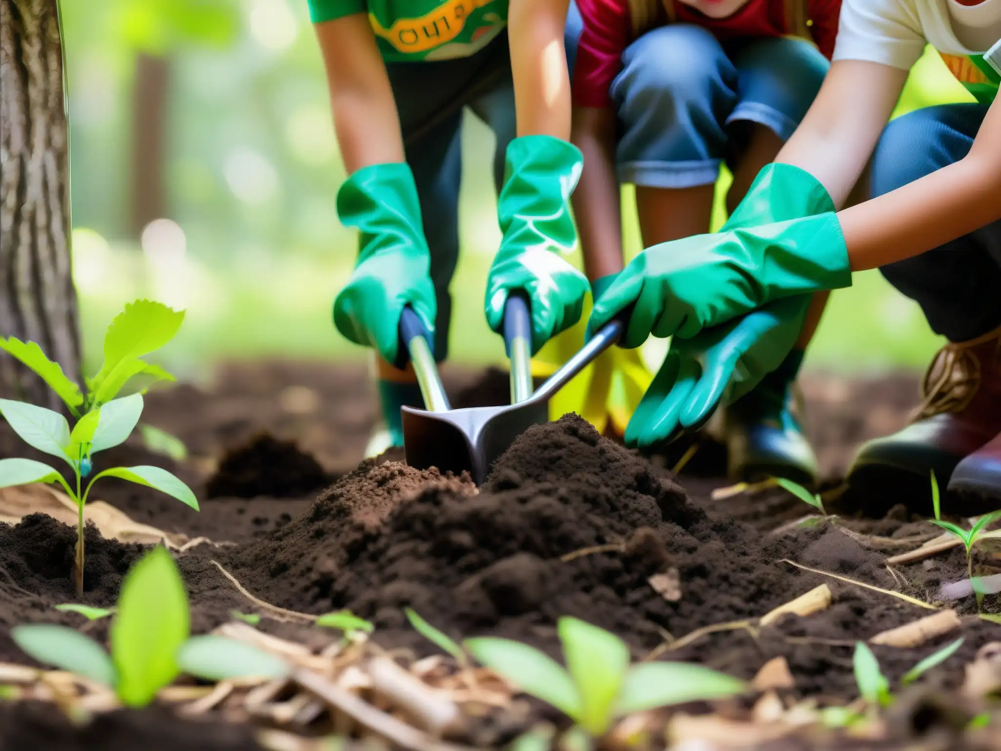 Un grupo de niños plantando árboles en un bosque, con determinación y alegría, promoviendo la protección ambiental de la infancia