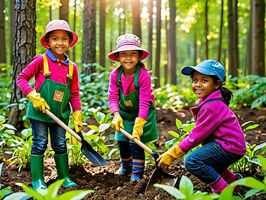 Un grupo de niños plantando árboles con determinación en un bosque verde