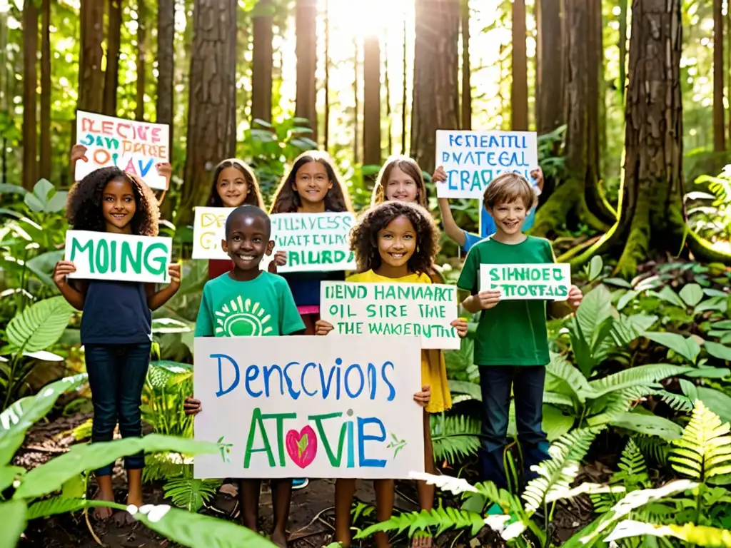 Grupo de niños en un bosque exuberante sosteniendo carteles con mensajes ambientales, unidos en una demostración pacífica