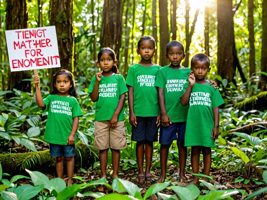 Un grupo de niños llevando camisetas verdes brillantes y sosteniendo pancartas con consignas ambientales, frente a un exuberante y denso bosque