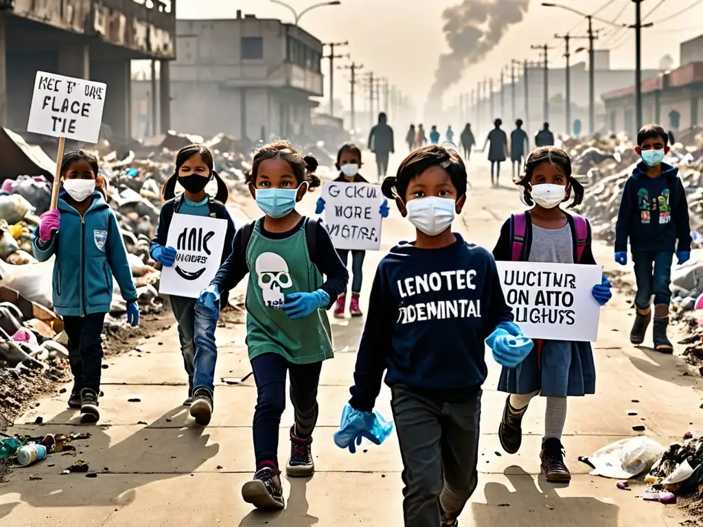 Grupo de niños caminando entre la contaminación urbana con mascarillas y guantes, sosteniendo pancartas con mensajes ambientales