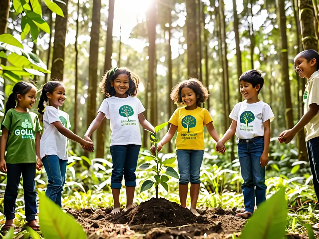 Un grupo de niños de diferentes culturas plantando árboles en un bosque verde y frondoso, mientras adultos diversos los supervisan