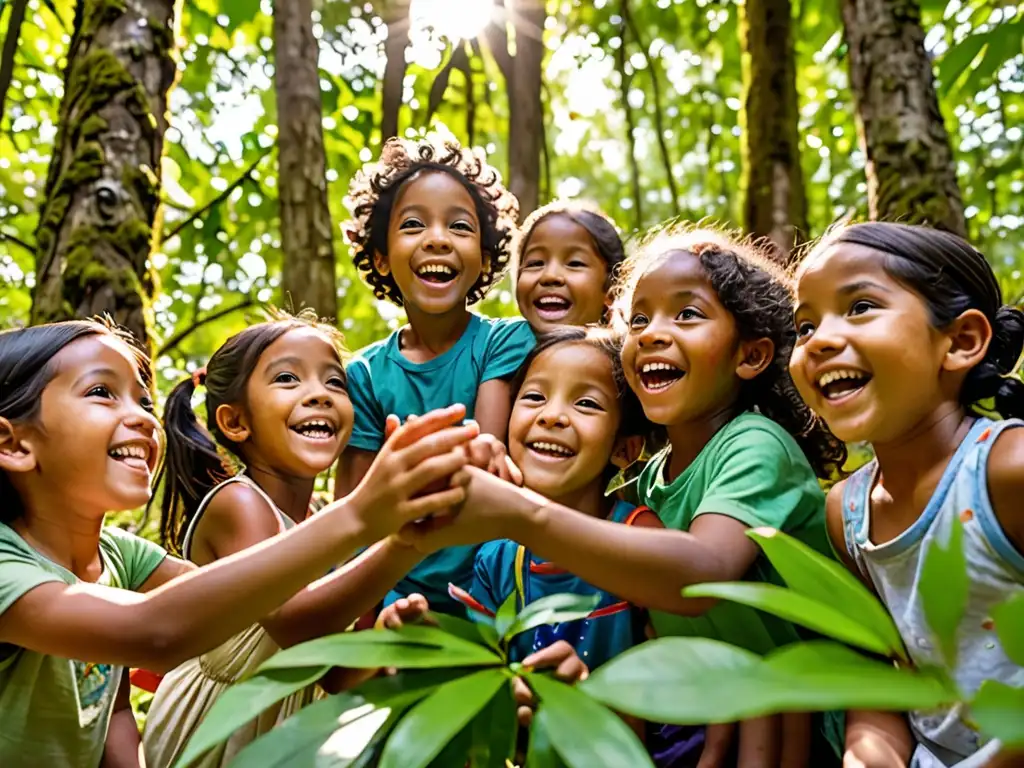 Un grupo de niños de diferentes culturas juega en un bosque biodiverso, mostrando asombro y alegría