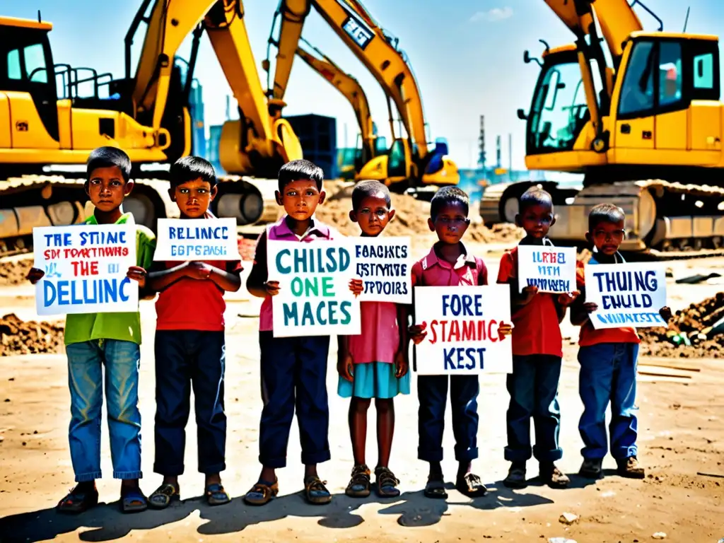 Un grupo de niños defensores ambientales sostiene pancartas pintadas a mano, desafiantes frente a un sitio de construcción