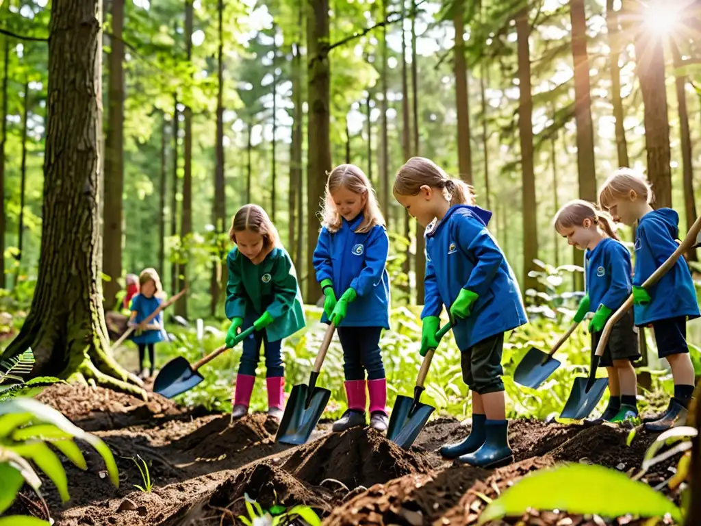 Un grupo de niños defensores ambientales plantando árboles en un bosque exuberante