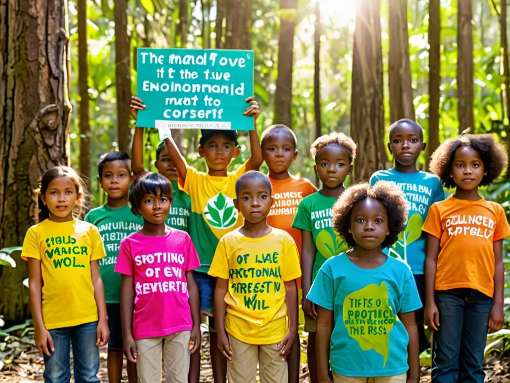 Grupo de niños defensores ambientales con carteles en bosque frondoso, casos emblemáticos niños defensores ambiental