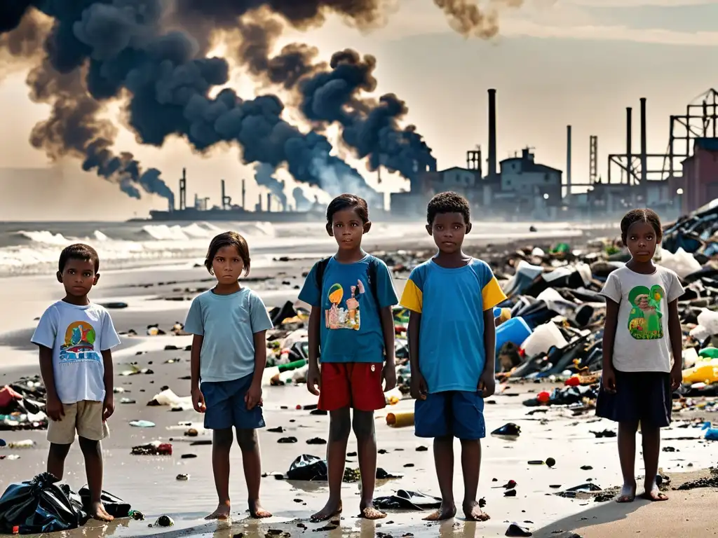 Grupo de niños observando desastre ecológico en la playa contaminada con plástico, expresando preocupación