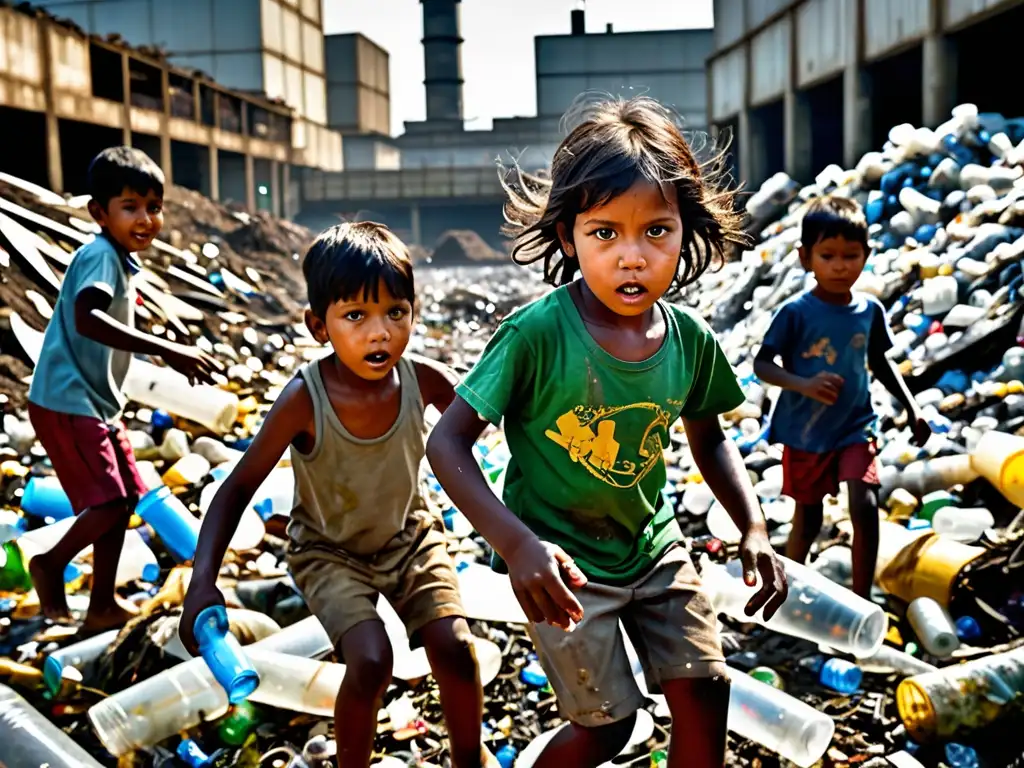 Un grupo de niños juega en un entorno natural degradado y contaminado