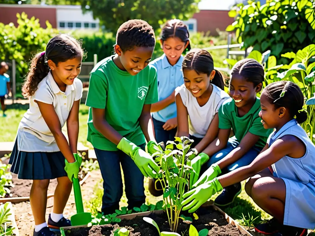 Grupo de niños cuidando un jardín escolar vibrante y diverso, aprendiendo sobre patios escolares verdes instituciones educativas