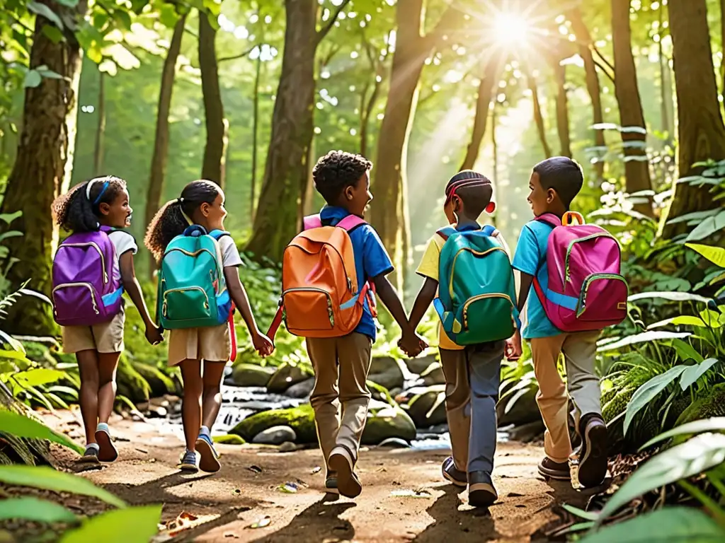 Un grupo de niños escolares diversos caminan juntos por un frondoso bosque, explorando la naturaleza con curiosidad y entusiasmo