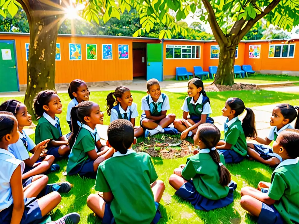 Grupo de niños escolares en uniforme debatiendo animadamente con su maestro sobre conservación ambiental en un jardín escolar