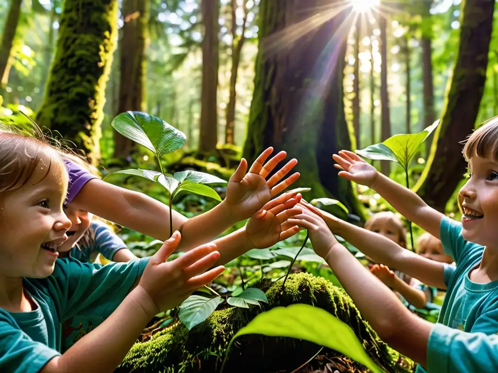 Un grupo de niños juega en un exuberante bosque, interactuando con la naturaleza mientras la luz del sol crea un ambiente mágico