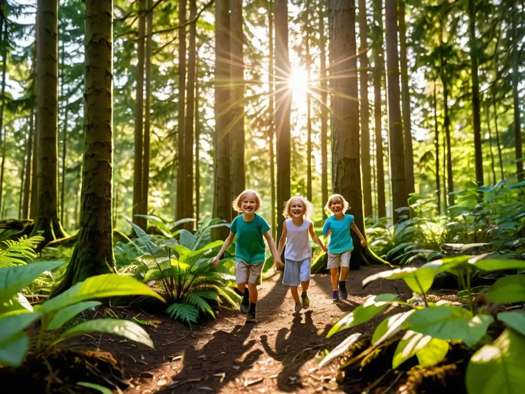 Un grupo de niños juega felices en un bosque vibrante y verde, conectándose con la naturaleza