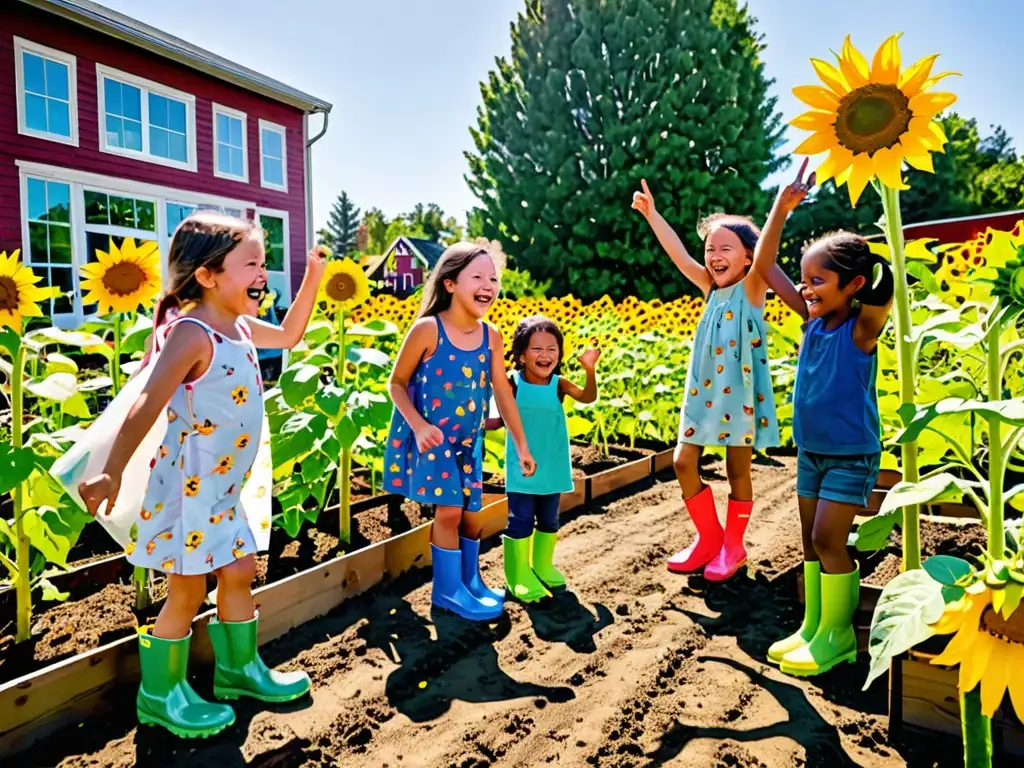 Grupo de niños felices explorando un jardín comunitario