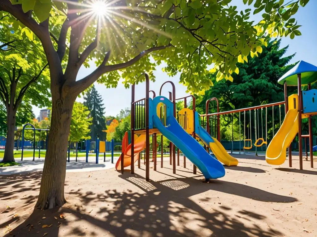 Grupo de niños felices jugando en un parque público limpio y seguro, rodeados de naturaleza