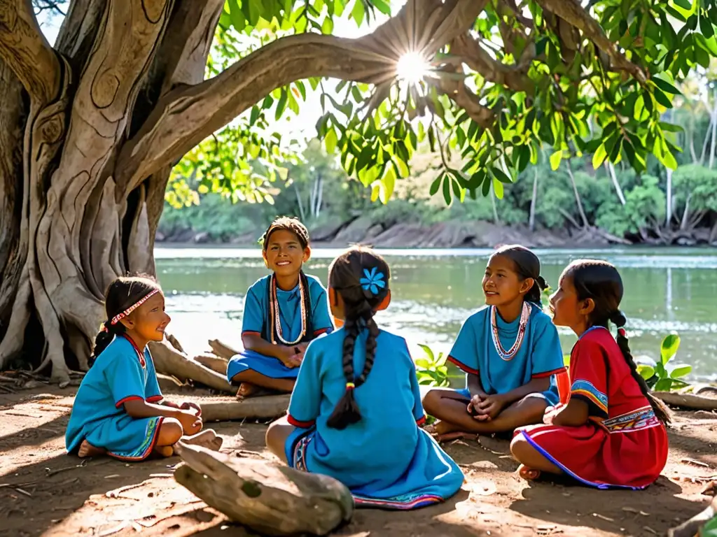 Grupo de niños indígenas escuchando a un anciano bajo un árbol