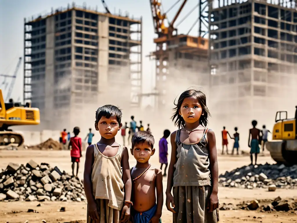 Grupo de niños indígenas observando impacto de infraestructuras controvertidas en su comunidad, con expresiones preocupadas y vestimenta tradicional