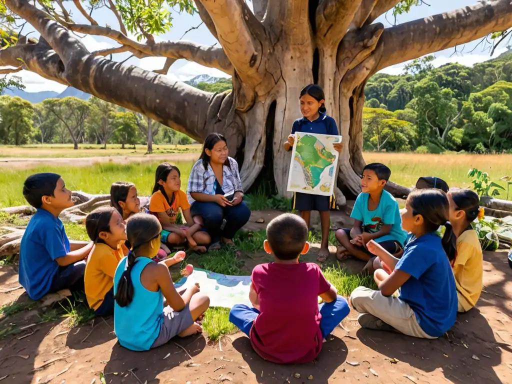 Un grupo de niños indígenas participa en un programa educativo sobre el ecosistema bajo un árbol