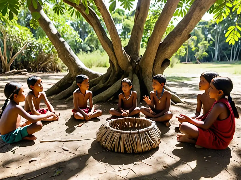 Grupo de niños indígenas escuchando atentamente a un sabio en la naturaleza