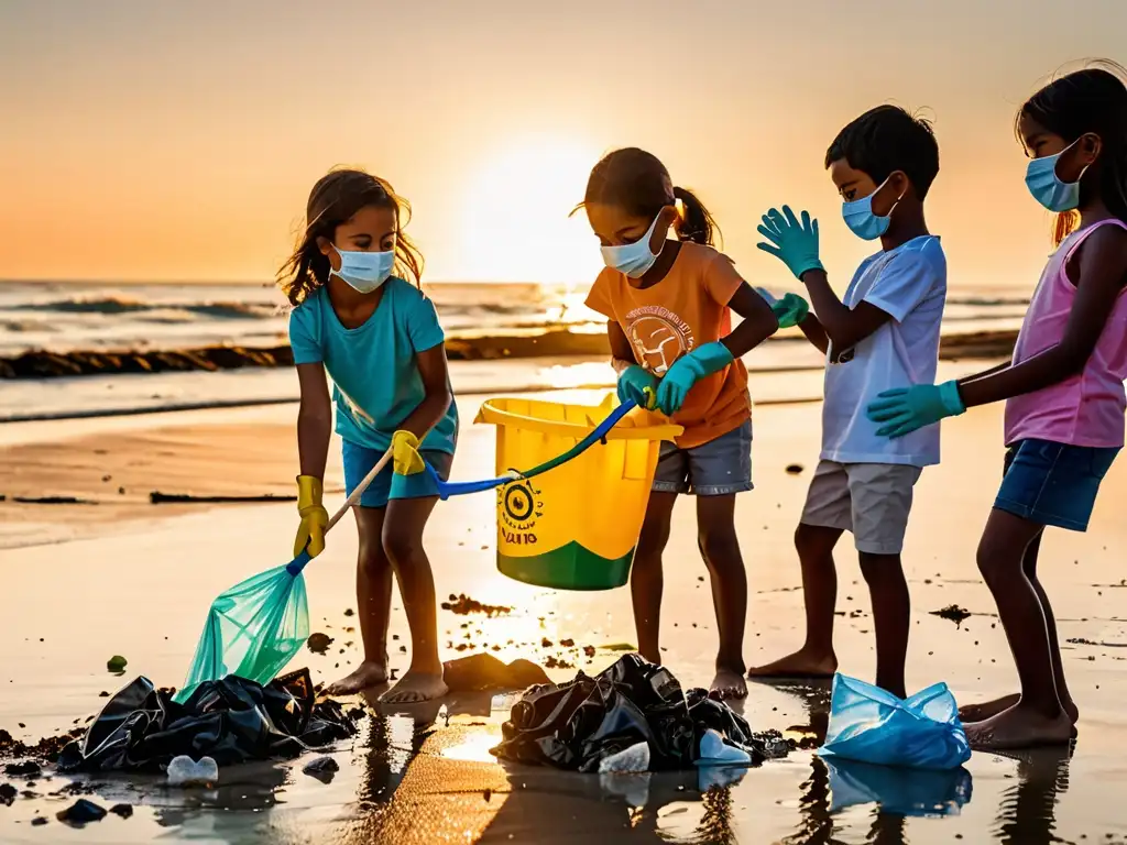 Grupo de niños limpia una playa contaminada al atardecer, con máscaras y guantes, mostrando protección ambiental de la infancia