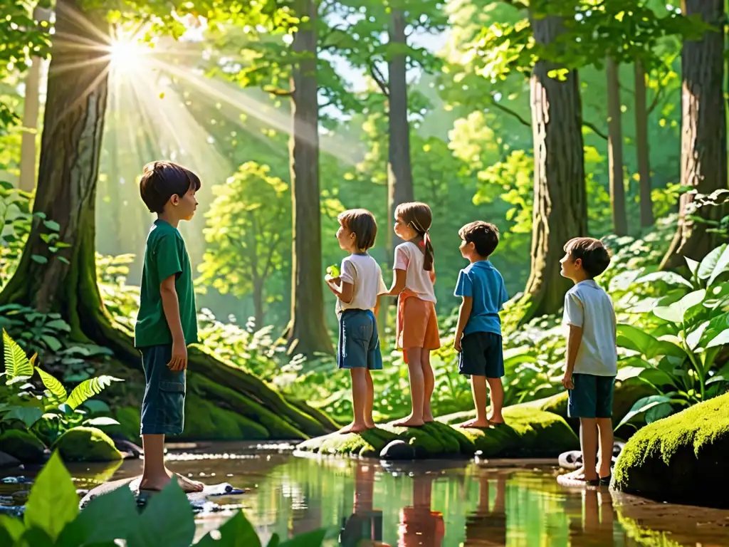 Un grupo de niños observa maravillado un exuberante bosque, con árboles verdes vibrantes y luz solar cálida filtrándose entre las hojas