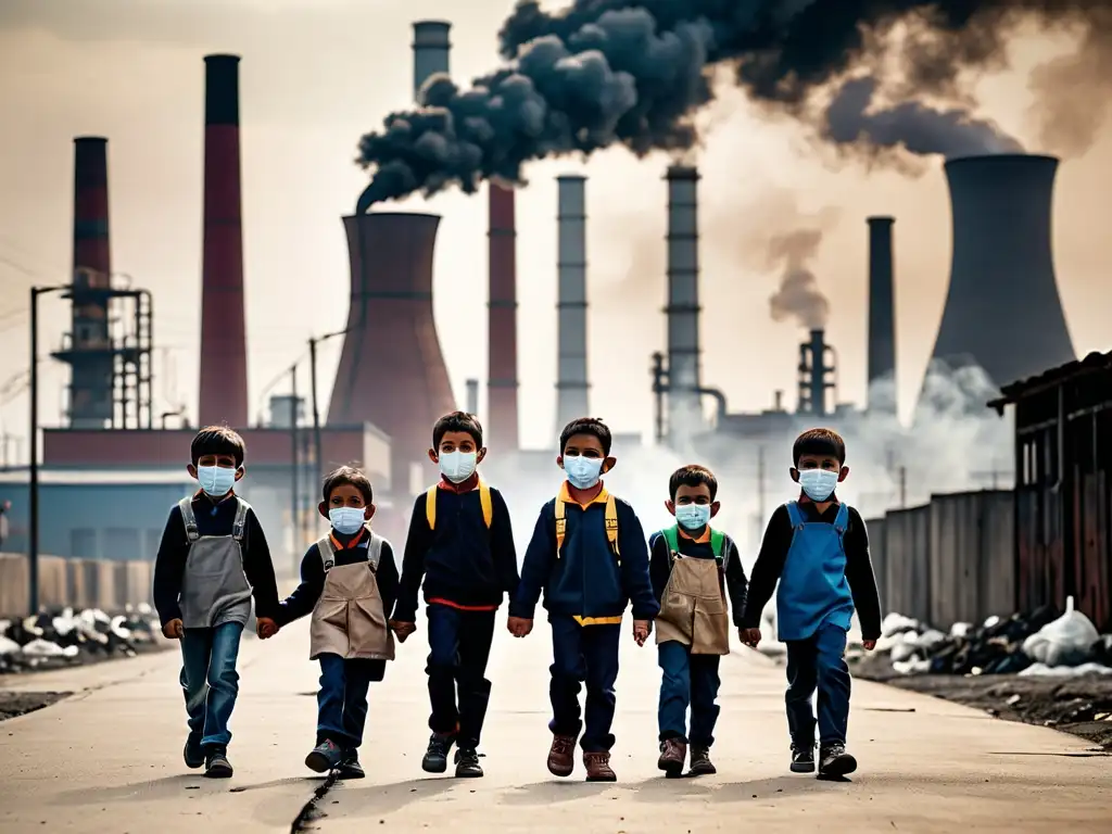 Grupo de niños con mascarillas caminando en una calle muy contaminada, con chimeneas industriales al fondo