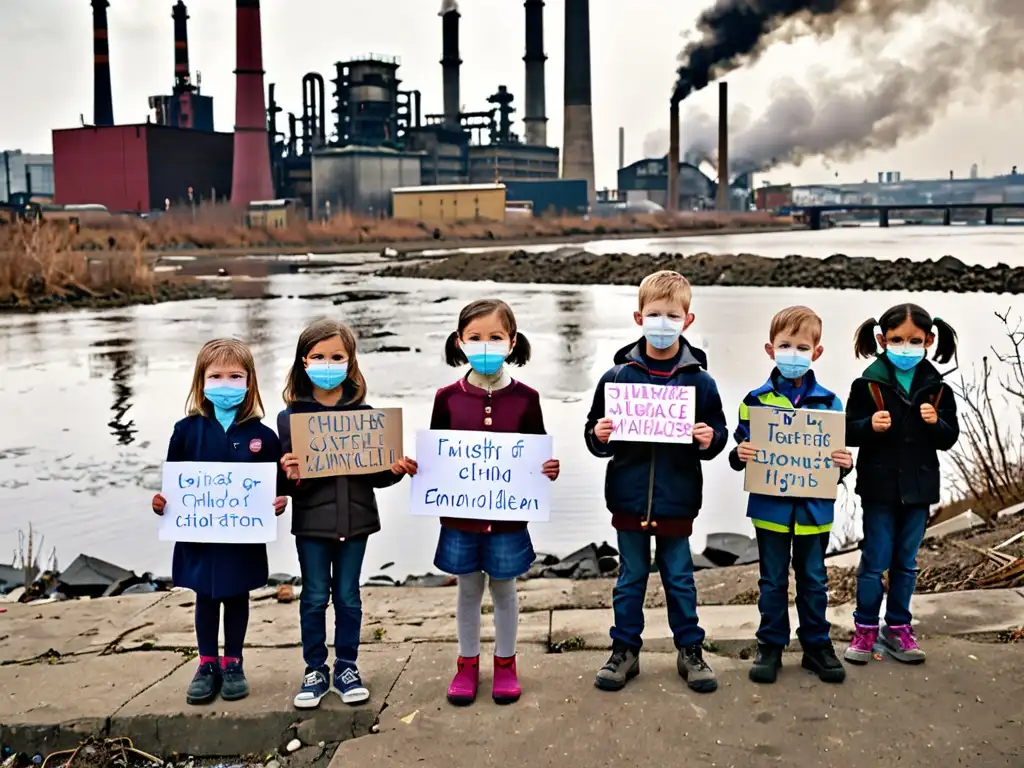 Un grupo de niños con mascarillas sosteniendo carteles sobre el medio ambiente frente a un río contaminado y fábricas humeantes