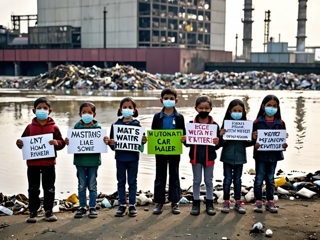 Grupo de niños con mascarillas y carteles en un río contaminado, expresando determinación y tristeza por un ambiente más limpio